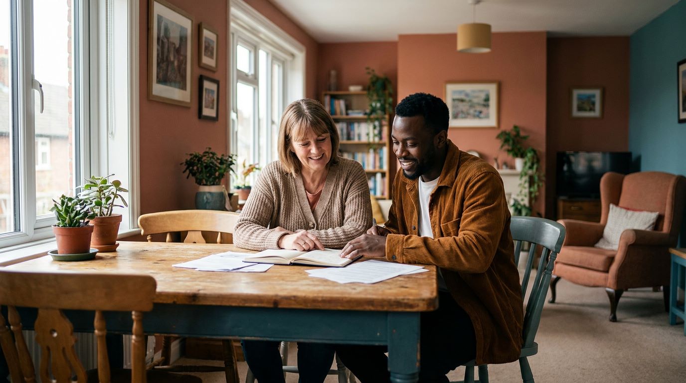 A family member and a social worker reviewing a checklist together at a café table.