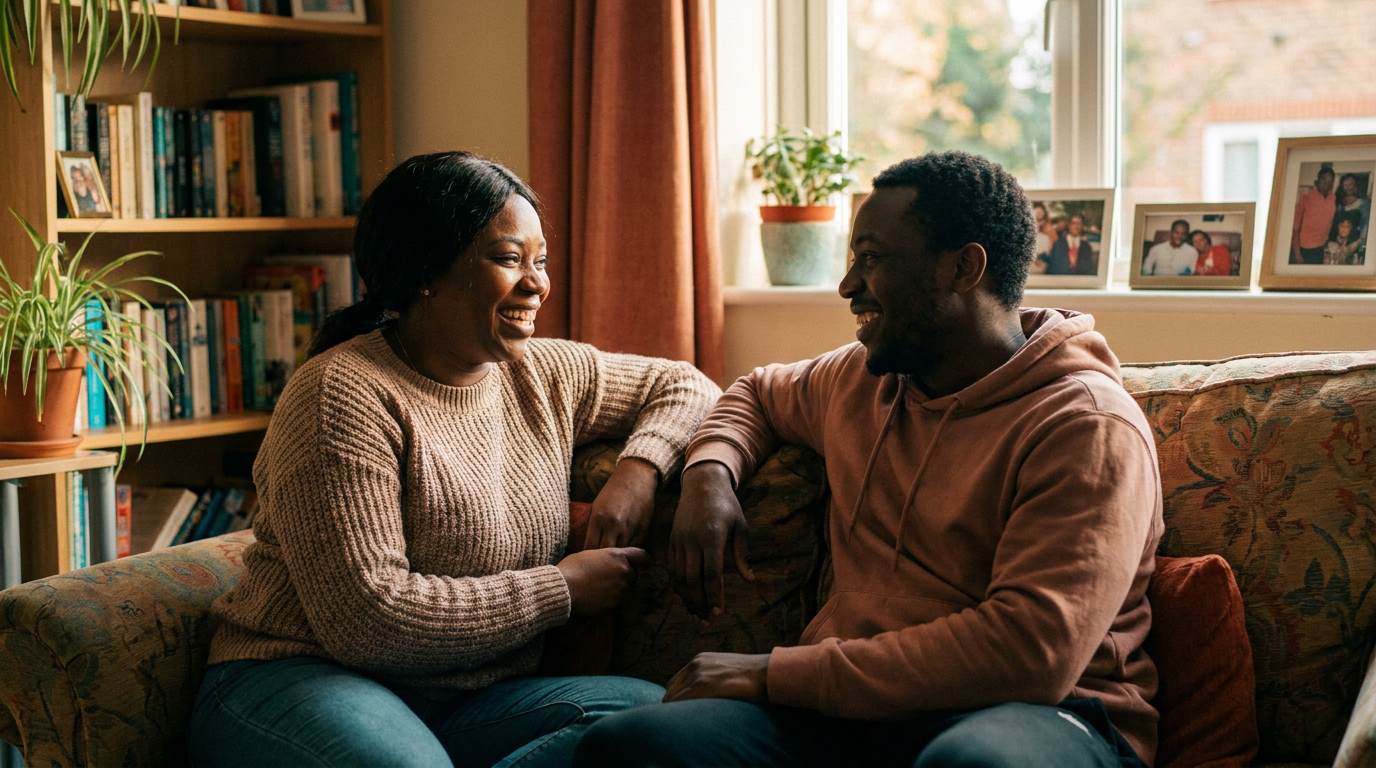 A support worker and the person she supports laughing together on the sofa, reflecting genuine person-centred conversation.