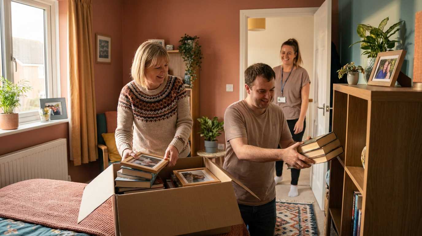 A mother helping her adult son unpack belongings into his new bright bedroom, with a support worker smiling supportively in the background.