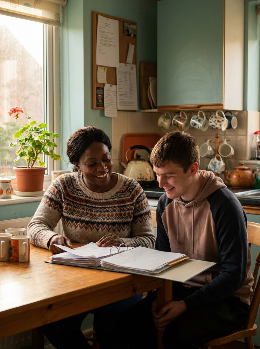 A support worker and the person she supports sitting together at a kitchen table during an onboarding conversation.