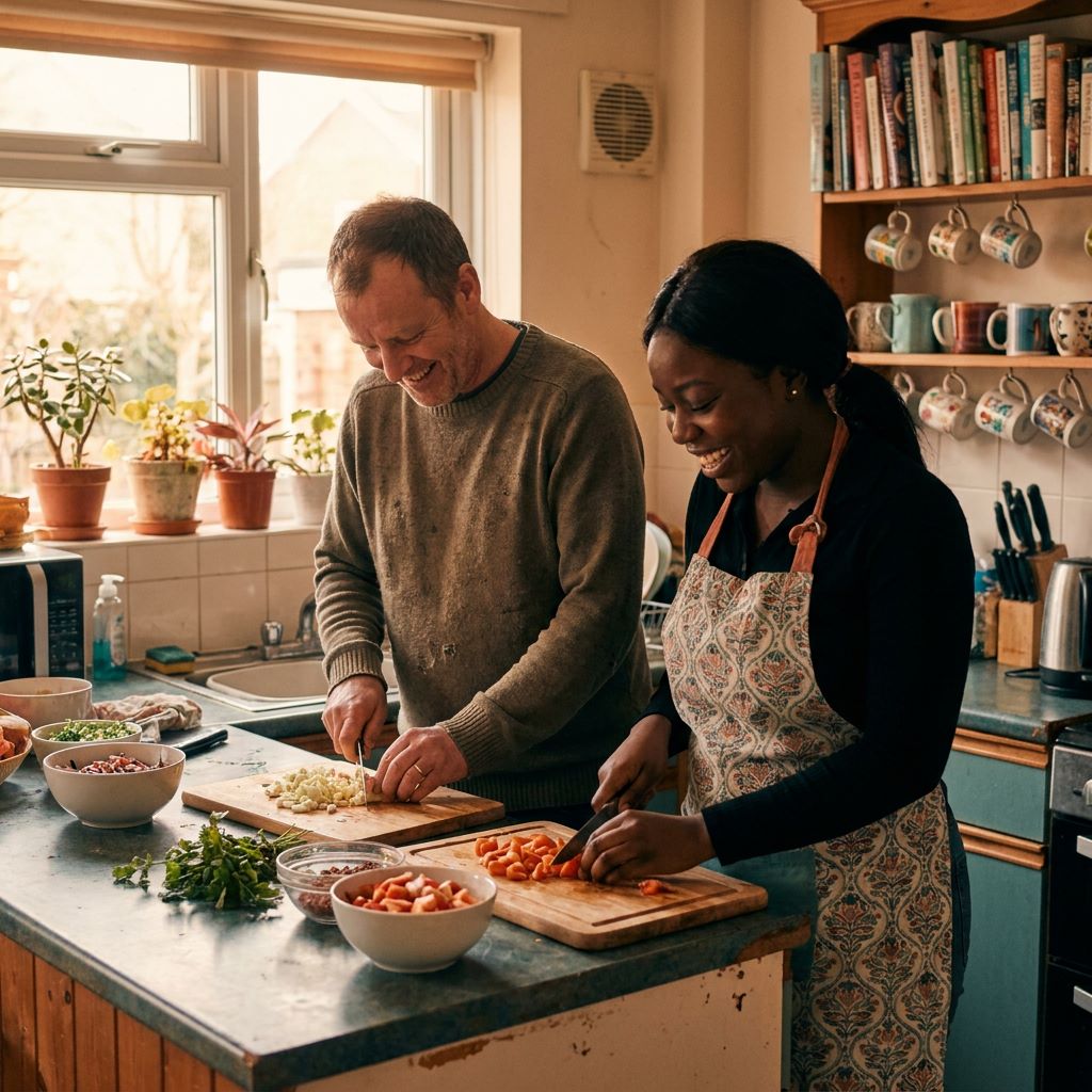 Two people cooking together in a home kitchen, building everyday skills.