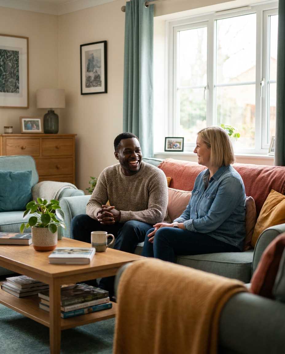 A support worker and the person she supports sharing a relaxed conversation on the sofa in a bright, comfortable supported-living home.